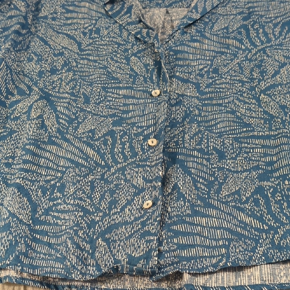 Sigrid Olsen Teal and Cream Patterned Linen Shirt - Picture 6 of 7